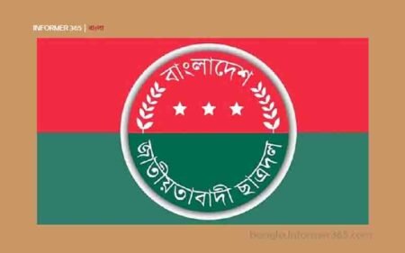 জাতীয়তাবাদী ছাত্রদলের লোগো, ব্যাকগ্রাউন্ডে ইনফরমার৩৬৫ (Informer365 | বাংলা) ব্রান্ড কালার।